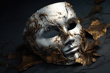 Aufkleber - A white mask is sitting on top of a pile of leaves. This image can be used for various themes and concepts.