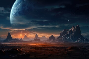 Aufkleber - An otherworldly landscape featuring a planet in the distance. This image can be used to depict a futuristic or extraterrestrial setting.