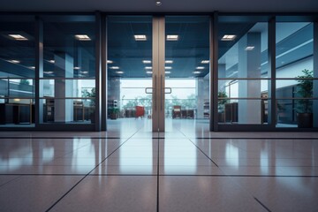 Sticker - A large open glass door in a building. This versatile image can be used to depict entrances, modern architecture, office spaces, or a welcoming environment.