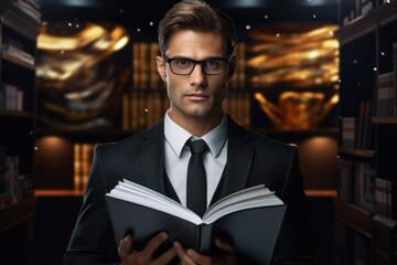 Poster - A professional man in a suit and tie holding a book. Suitable for business, education, and professional concepts.