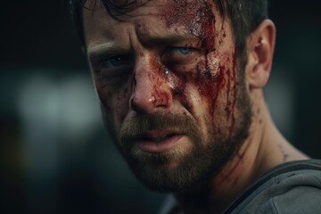 Poster - A close-up view of a man with blood on his face. This intense image captures the raw emotion and drama of a violent scene. Perfect for illustrating themes of danger, fear, and aggression.