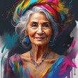 portrait of an elderly female in a colorful scarf, watercolor painting on canvas. portrait of an elderly female in a colorful scarf, watercolor painting on canvas. portrait of an old woman. colorful i