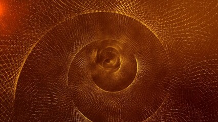 Abstract background in the form of a spiral or tunnel in space. Symmetrically placed dots create a pattern and a rounding. Light glow with orange smoke. Rotation. 3d animation for the background
