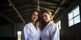 Two laughing girls in judo suits laugh during sports training