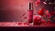 Perfume bottle with rose petals on red background. 3d illustration