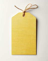 Empty linen yellow hangtag close-up, price tags for products, brand logo mockup