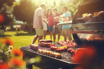 Lifestyles, family, food concept. Family or friends having barbeque picnic in nature, park or backyard during warm summer evening. Joyful mood. Generative AI