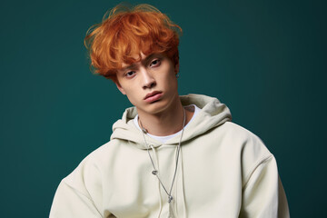 Poster - A picture of a man with red hair wearing a white hoodie. This versatile image can be used in various contexts.