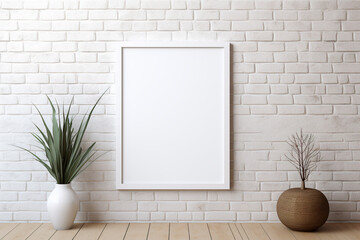 Blank picture vertical frame mockup on a stone white brick wall, boho style, modern, minimalist