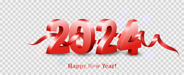 Aufkleber - Merry Christmas and Happy New Year 2024. Red 3D numbers with red ribbon on transparent background. Festive realistic design. Holiday party 2024 web poster. Vector