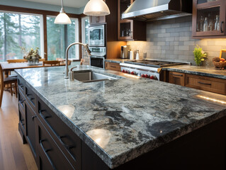 Wall Mural - Selected focused on kitchen cabinets that use granite as a table top. Granite is cut to cabinet size. Bokeh background. 