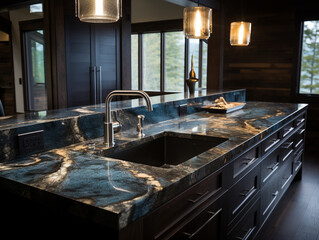 Wall Mural - Selected focused on kitchen cabinets that use granite as a table top. Granite is cut to cabinet size. Bokeh background. 