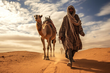 Berber man leading camel caravan. A man leads two camels through the desert. Man wearing traditional clothes on the desert sand