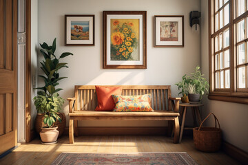 A living room area featuring a mix of framed art, family photos, and paintings, as well as a wooden bench adorned with colorful throw pillows, in a bohemian modern interior design.