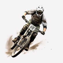Generative AI Image Of A Poses In Cycling A Mountain Bike On A White Clean Background