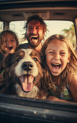 Wall Mural - Family father with two daughters and a pet dog travel by car and have fun on the way to vacation