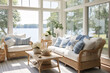 A coastal sunroom with wicker furniture, white cushions, and a collection of nautical-themed throw pillows, surrounded by large windows to let in natural light