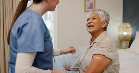 Poster - Old woman, nurse help with plaster and elderly care, support and wound from injection with healthcare. Health, wellness and caregiver with patient, homecare and retirement with medicine and trust