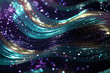 Glitter Violet Teal Gold Wave Stripes Design. Shiny golden moving lines design element on dark background