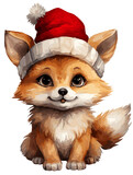 Fototapeta Pokój dzieciecy - Christmas watercolor cartoon fox in a red Santa hat.