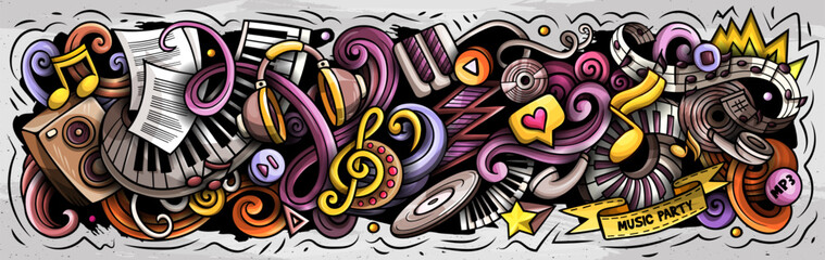 Wall Mural - Music cartoon doodles illustration. Colorful musical vector banner