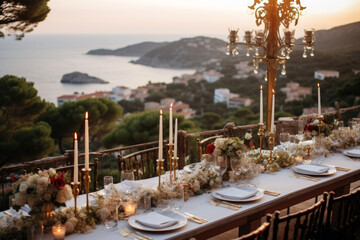 Sticker - stylish, chic, luxury, wedding table decor on the terrace with a beautiful view, in Spain, Italy. table setting	