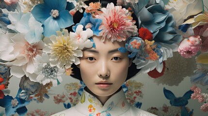 Portrait of Asian young woman with flowers on face, Abstract contemporary art collage