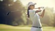 Beautiful professional woman golfer wearing sport wear in golf tournament on beautiful green course.