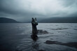 Loch Ness Monster pokes its head out of the loch lake, weird creature monster in water, rainy scotland dark landscape