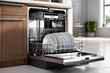 Dishwasher inside beautiful kitchen with white used dishes that prepared to wash. Electronic dish washer device in modern kitchen with white table top or cabinet and space. Housekeeping concept