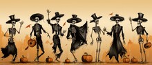 Halloween Dancing Skeletons In Halftone Patterns With Several Amusing Poses..