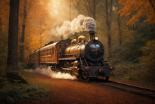 A Captivating Vintage Poster Featuring A Steam Locomotive Chugging Through A Lush, Enchanted Forest, With Vibrant Autumn Leaves Cascading From The Trees. Generated With AI