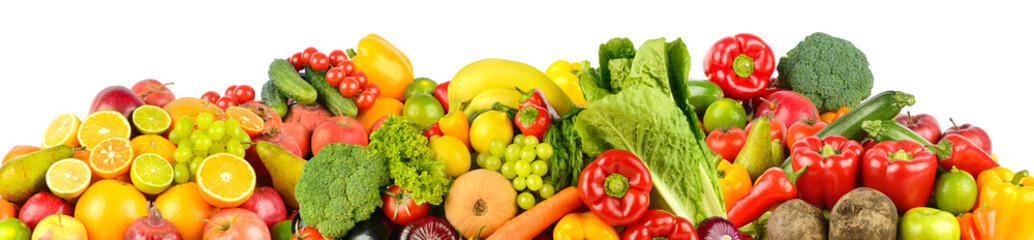 Wide collage of fresh fruits and vegetables for layout isolated on white background.