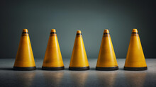A Row Of Four Yellow And Black Traffic Cones Arranged In A Straight Line