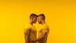 Romantic man muscle sixpack gay couple isolated yellow background ai generated