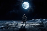 Fototapeta  - An astronaut in a spacesuit and helmet with his back turned looks towards a bright blue earth like planet in the sky from the surface of a cold mountainous moon