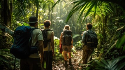tourists enjoying an eco-tour in amazon forest, engaging responsibly with nature.