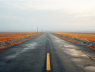 Fototapete - Empty asphalt road in the steppe at sunset, natural landscape background. Generative AI