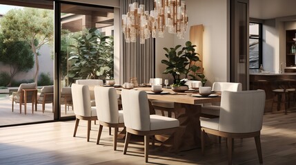 Canvas Print -  a dining room with a table and chairs and a chandelier.  generative ai