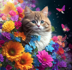  A colorful adorable cat with fantasy flowers splash