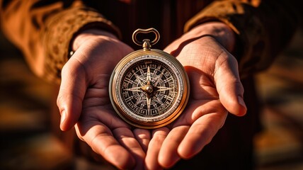 Fototapete - A person with a compass, highlighting the role of leadership in providing direction and guidance