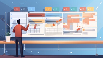 Fototapete - A person with a Gantt chart and project timeline, emphasizing the organization and coordination in project management