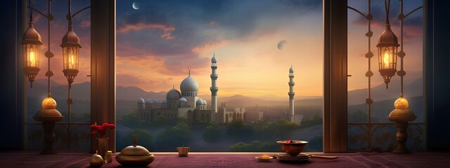 Wall Mural - decoration background with lantern and crescent moon luxury style, ramadan kareem, mawlid, iftar, isra miraj, eid al fitr adha ai generated