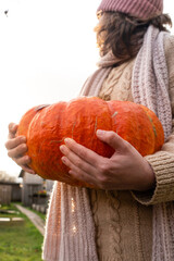 Aufkleber - Farmer with pumpkin on a pumpkins field.	