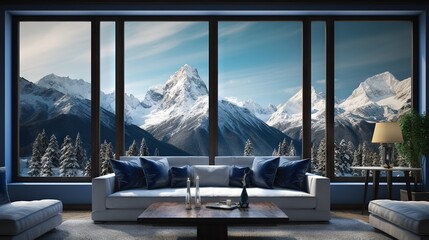 Sticker -  a living room with a large window and a mountain view.  generative ai