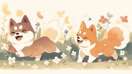 Wall Mural - cute shiba dog action happy dog ​​playing in the park, generative flower background ai