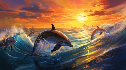  a painting of dolphins swimming in the ocean at sunset or sunrise.  generative ai