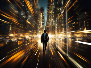 Poster - Businessman walking in a city at night with motion blur. Business concept. Generative AI
