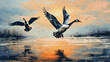 geese flying in the daytime sky vincent van gogh style, with high contrast composition style, ai generative