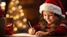 Joyous Anticipation Of Christmas As A Child Compiles Their Xmas Wish List With A Background Of A Wooden Table And A Beautifully Decorated Fir Tree Branch.